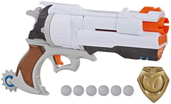 Nerf Overwatch McCree blaster with die-cast badge for display and battle-ready play.