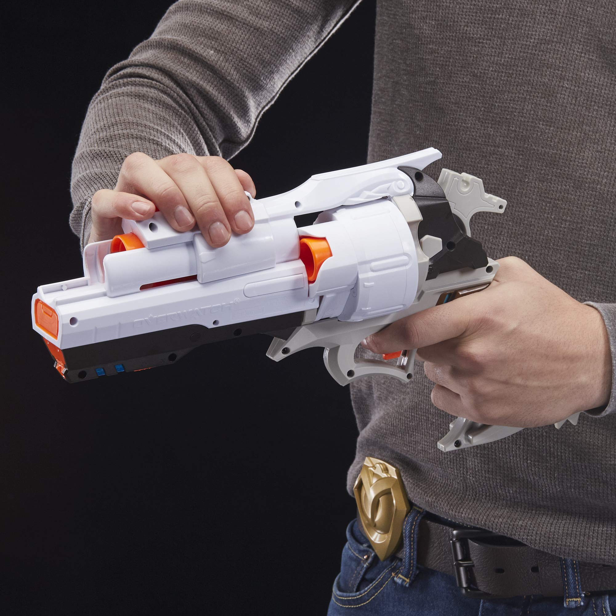 Nerf Overwatch McCree blaster close-up of spinning spur for realism.