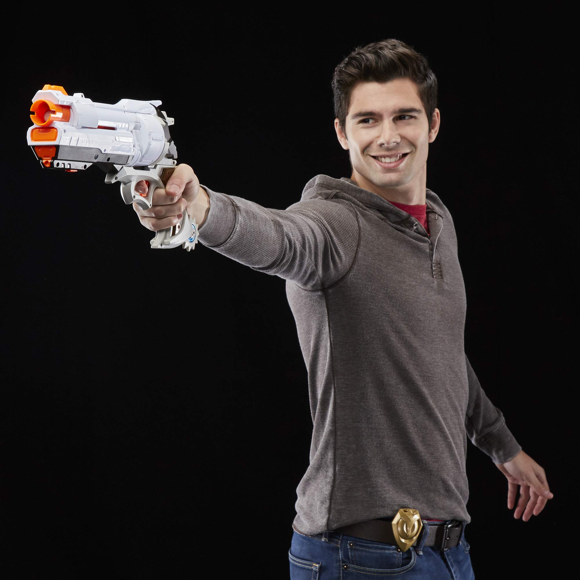 Nerf Overwatch McCree blaster highlighting spring-action mechanism for smooth firing.