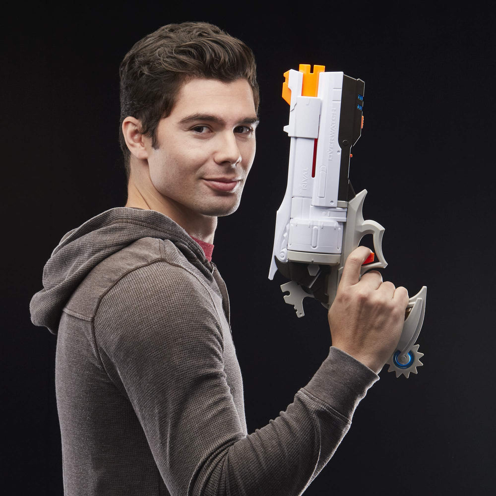 Nerf Overwatch McCree blaster showing swing-open barrel for easy reloading.