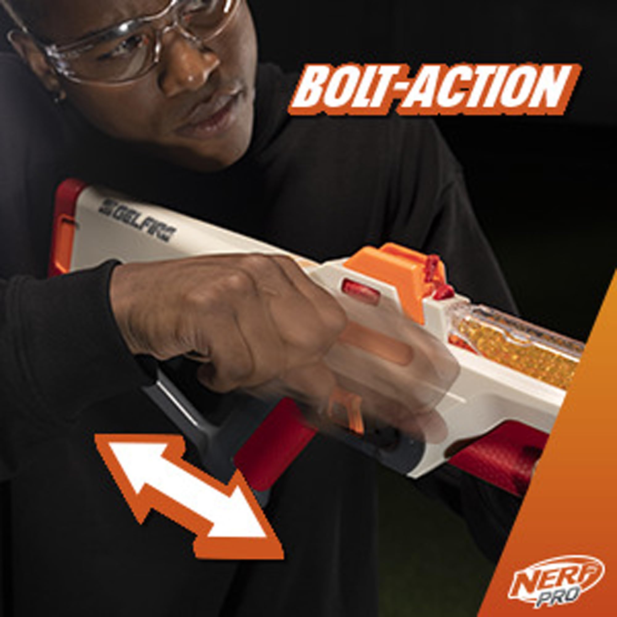 Nerf Pro Gelfire trigger lock prevents accidental firing during setup.
