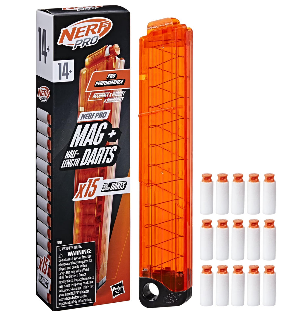Nerf Pro Half-Length Magazine with 15 darts for quick reloads.