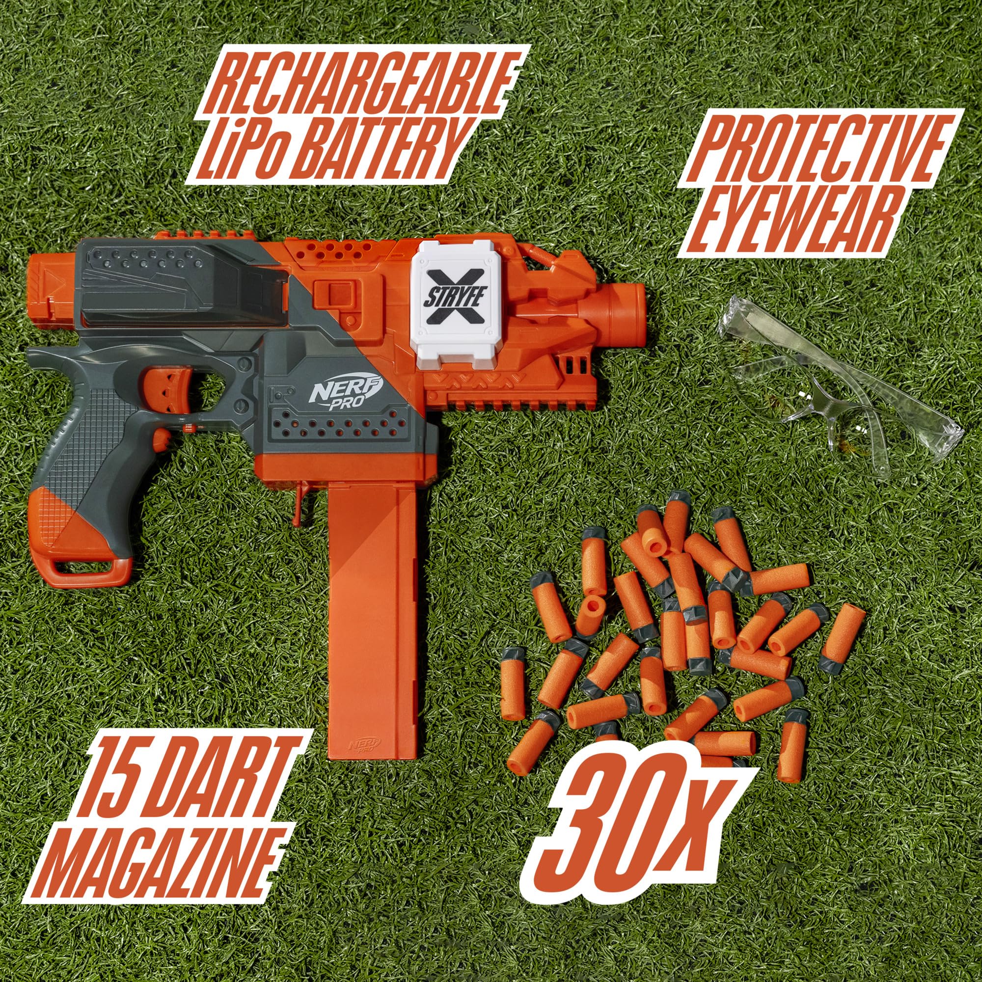 Nerf Pro Stryfe X 15-dart magazine enables quick reloads during battles.