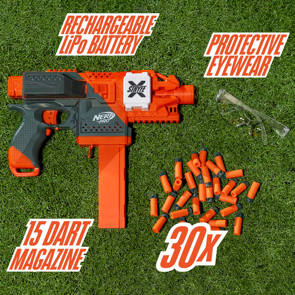 Nerf Pro Stryfe X 15-dart magazine enables quick reloads during battles.