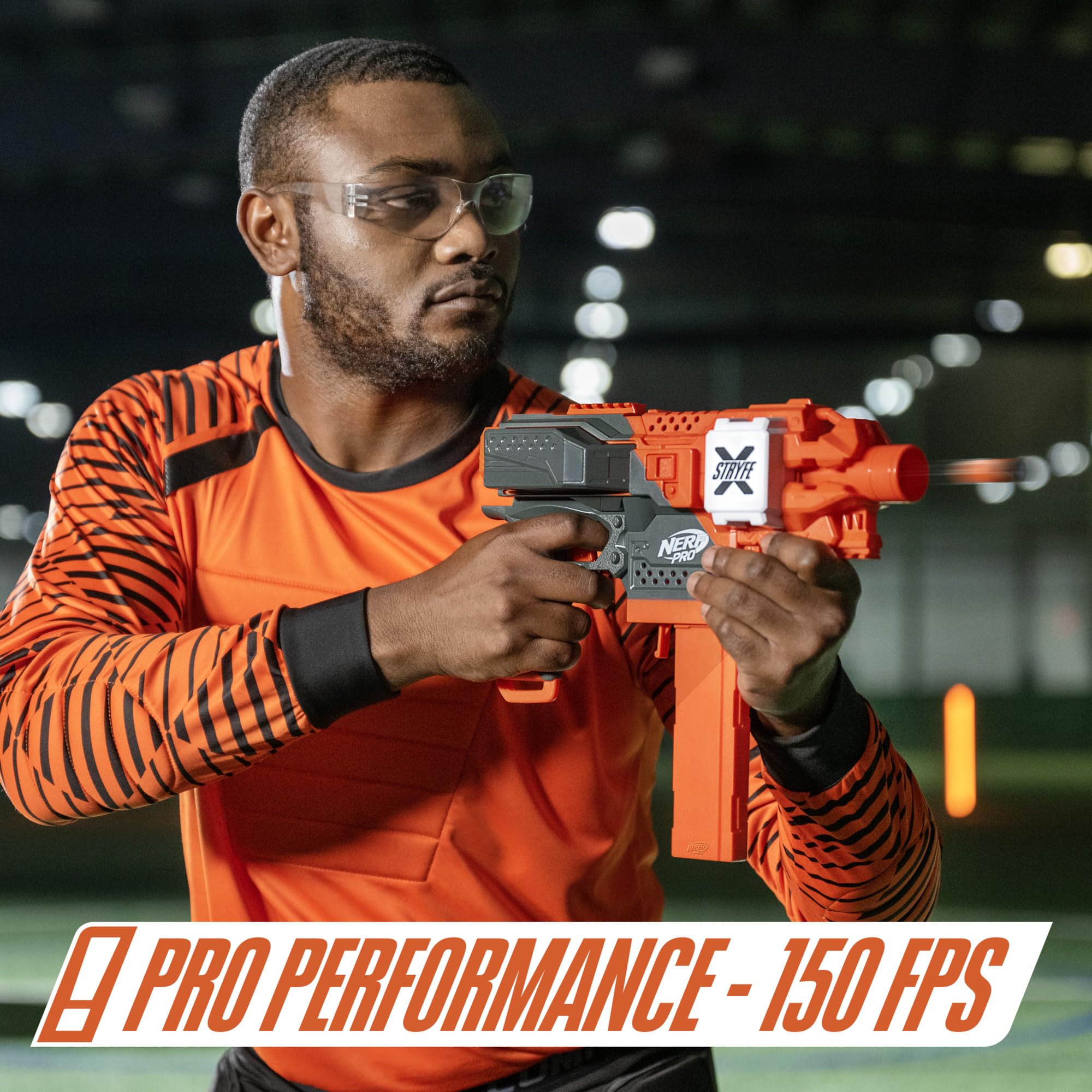 Nerf Pro Stryfe X rechargeable LiPo battery powers fast-fire action.