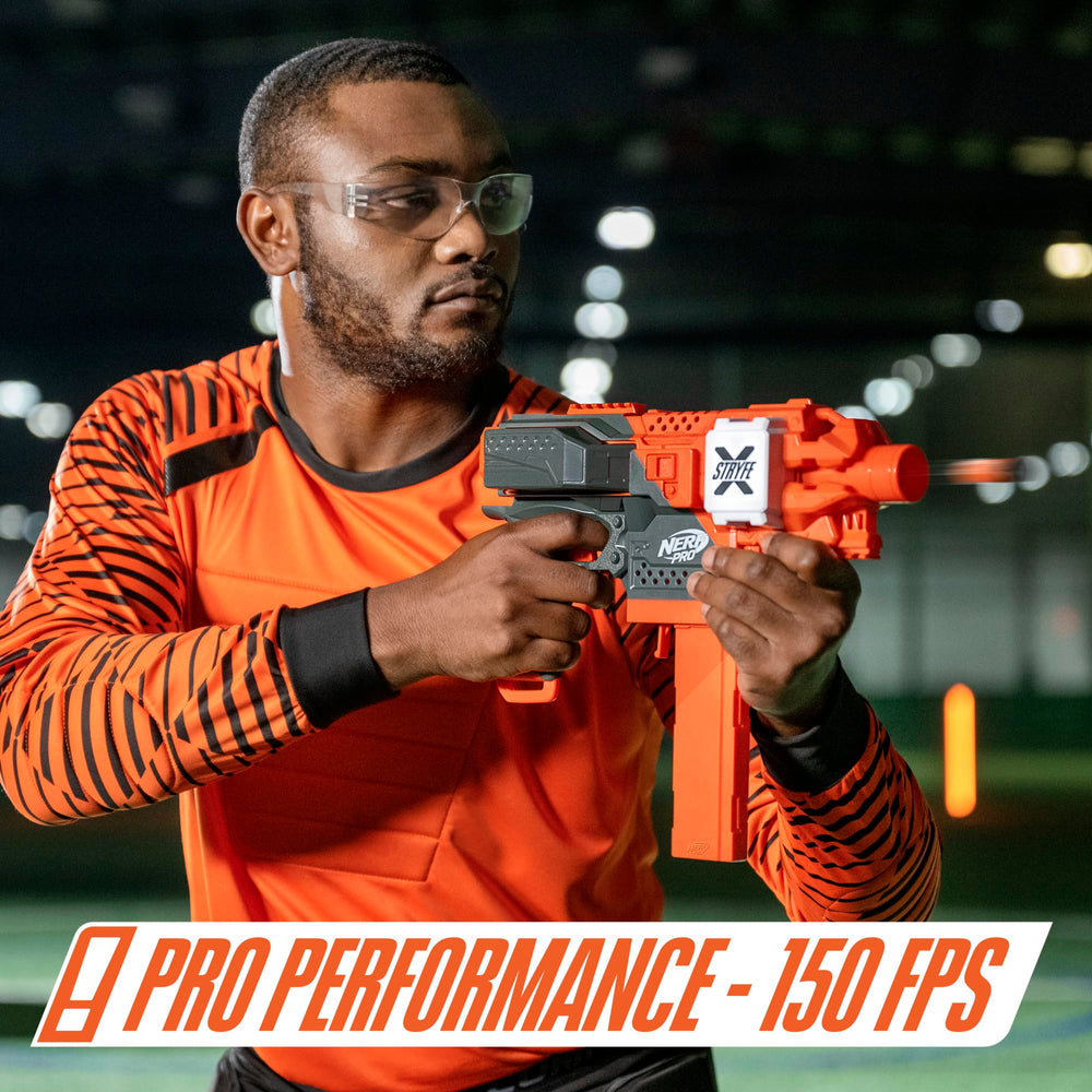 Nerf Pro Stryfe X rechargeable LiPo battery powers fast-fire action.