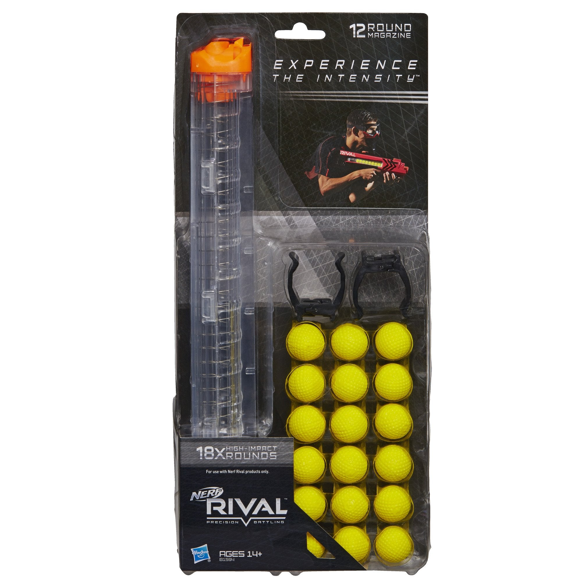 Nerf Rival 12-round magazine loaded with rounds illustrating ready-to-fire capacity.