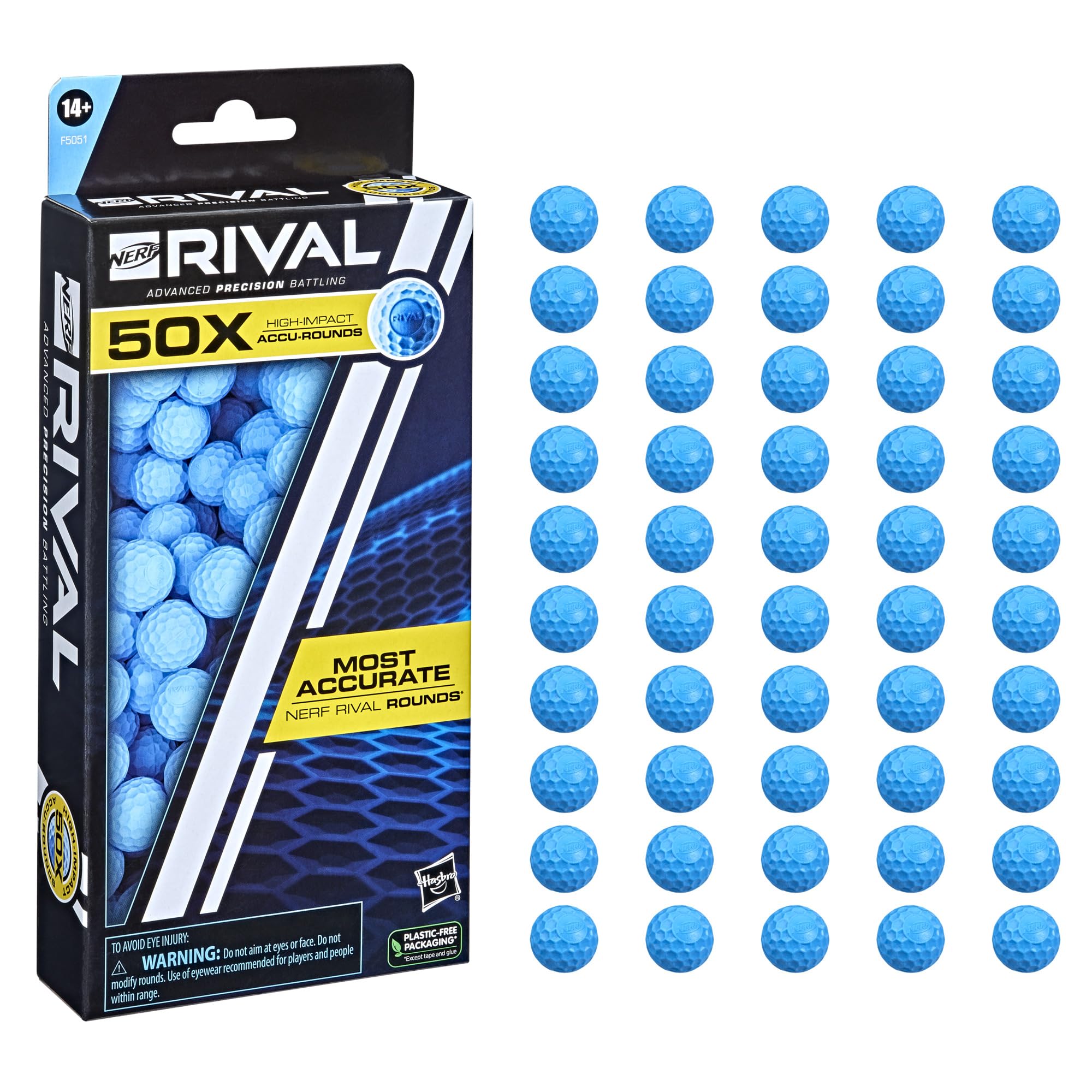 Nerf Rival 50 Accu-Round refill pack box front, boosts ready-to-battle accuracy during play.