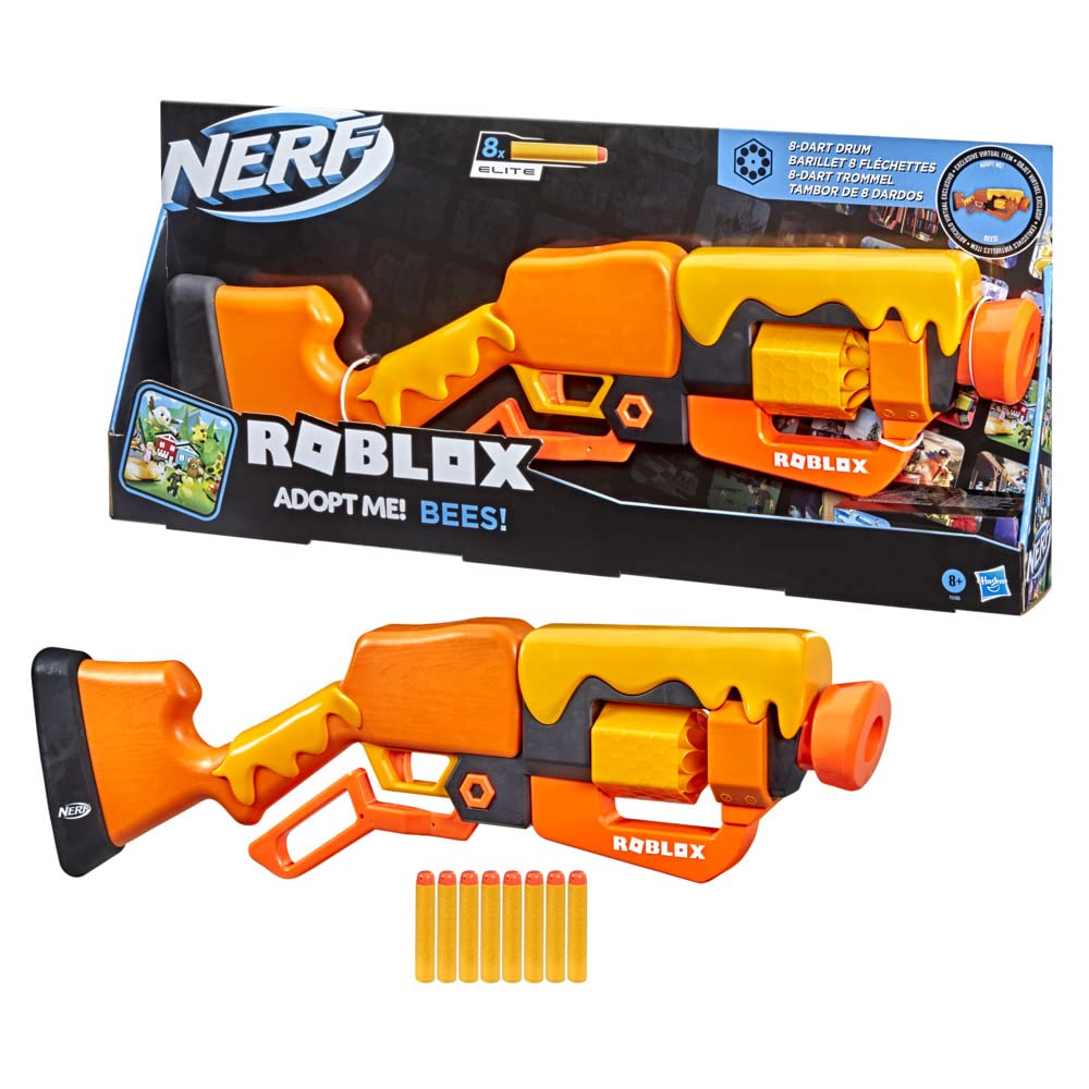 Nerf Roblox Adopt Me Bees blaster front view, compact for indoor and outdoor play