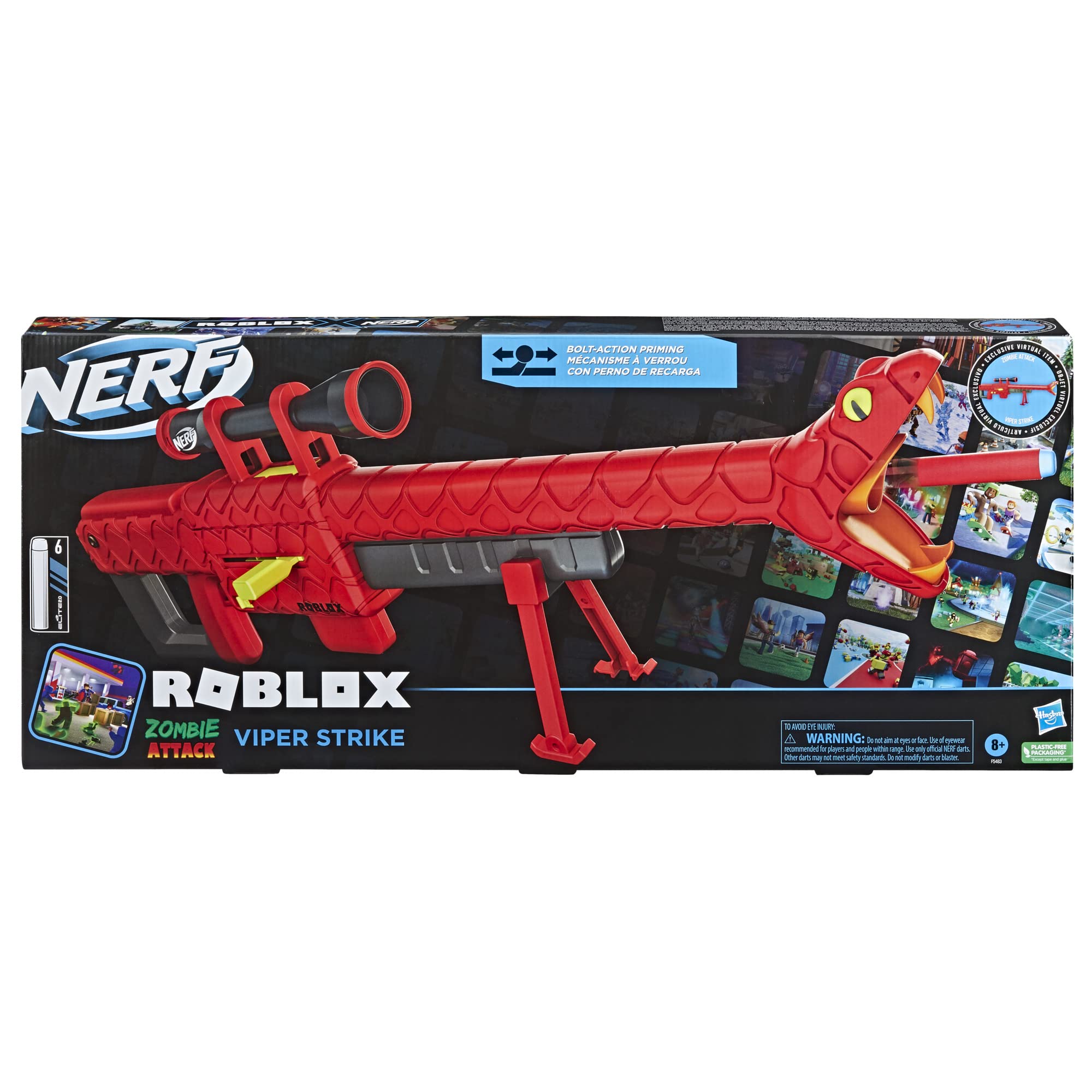 Nerf Roblox Zombie Attack Viper Strike six-dart clip with six Nerf Elite darts for rapid fires.