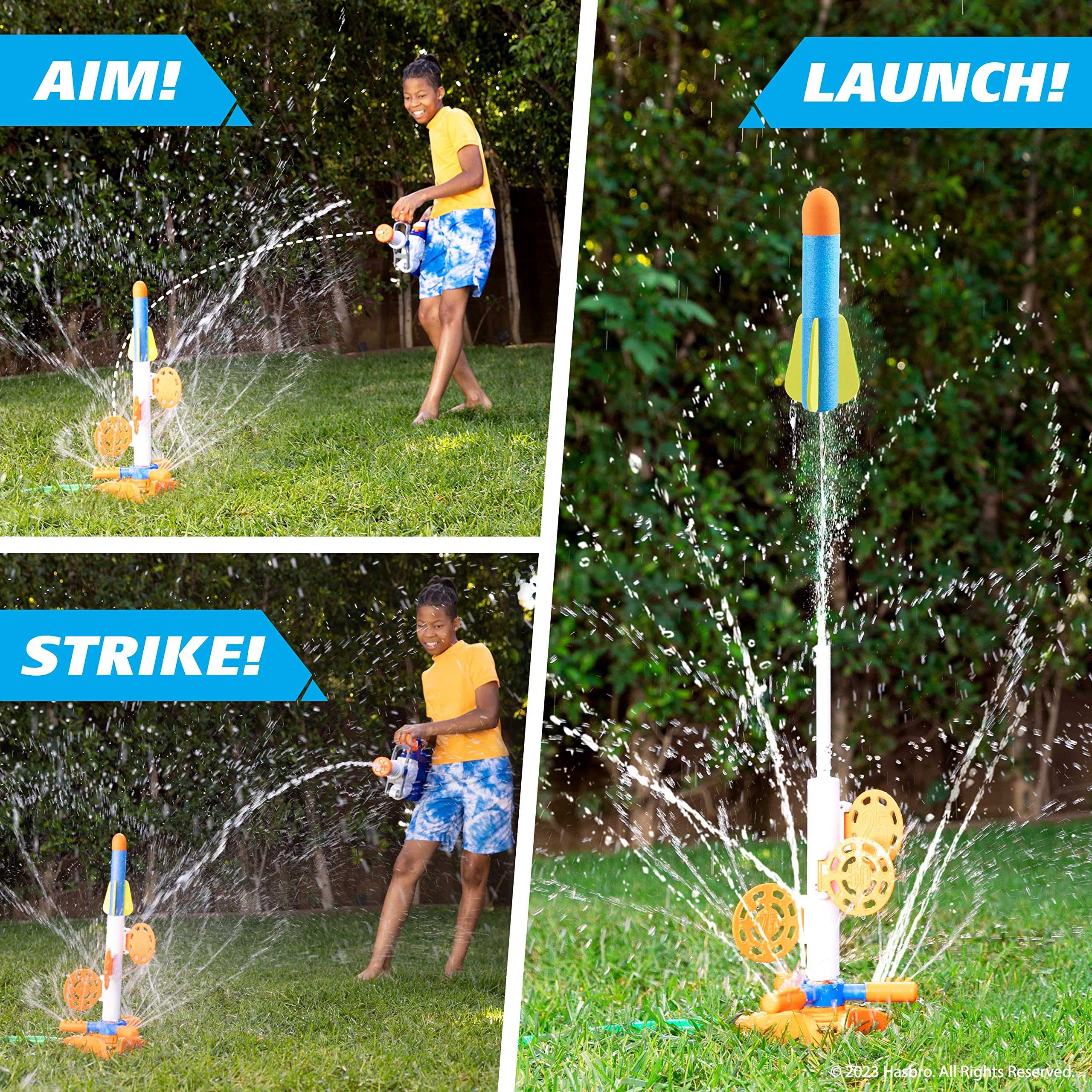 Nerf SkyBlast foam rocket launch captured mid-air for action-packed play