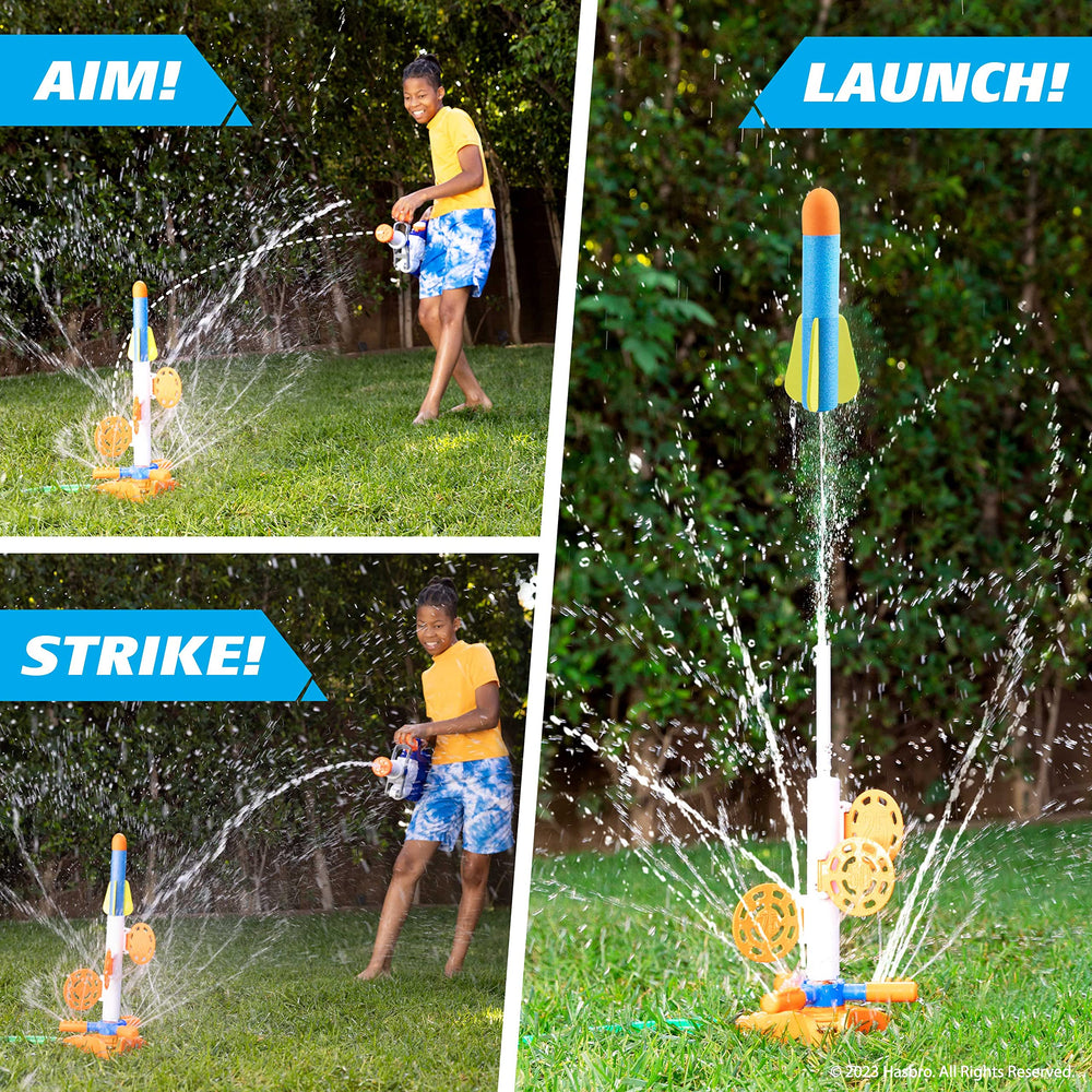 Nerf SkyBlast foam rocket launch captured mid-air for action-packed play
