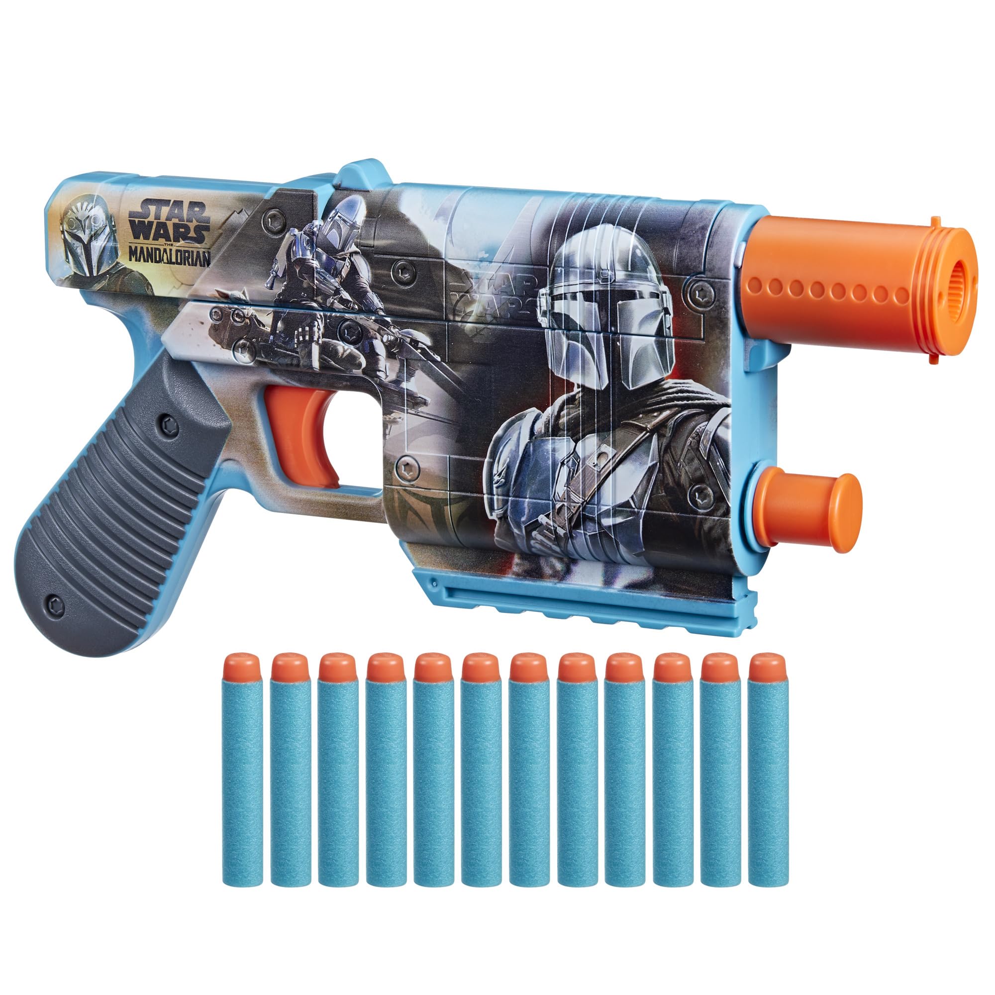 Nerf Star Wars Mandalorian blaster side design with bold artwork for display and play