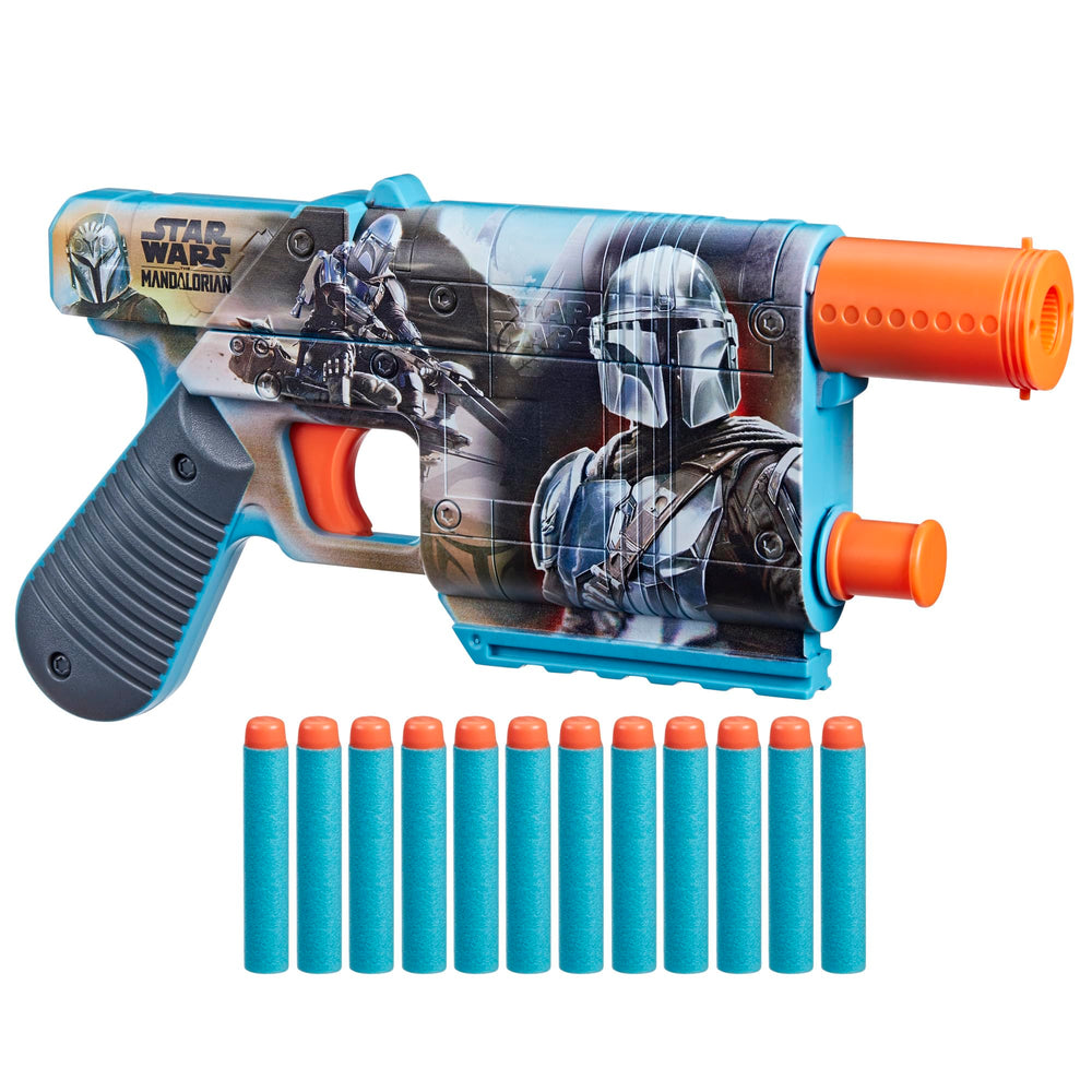 Nerf Star Wars Mandalorian blaster side design with bold artwork for display and play