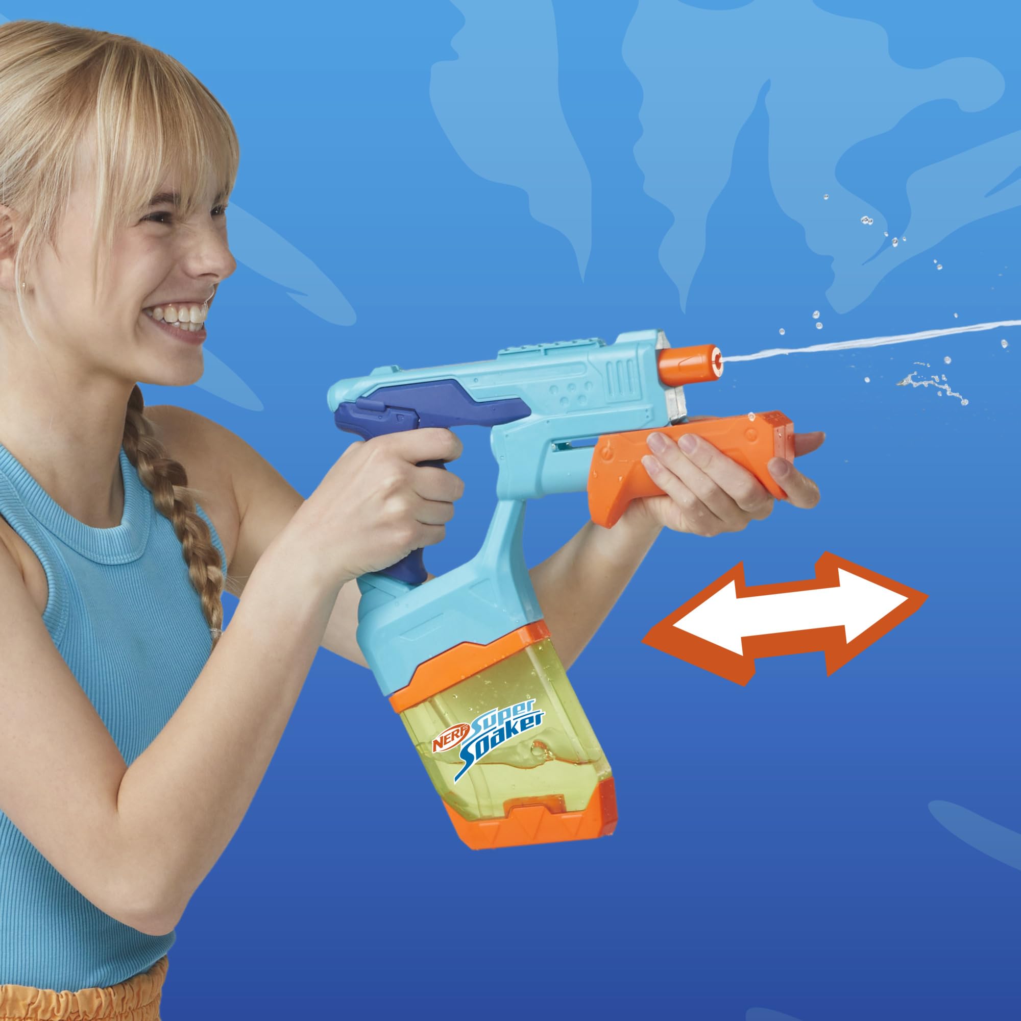 Nerf water blaster shown delivering a quick, refreshing splash.