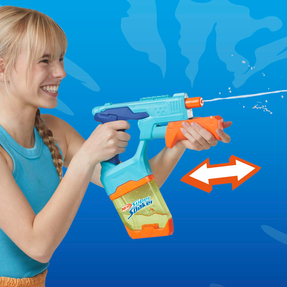Nerf water blaster shown delivering a quick, refreshing splash.