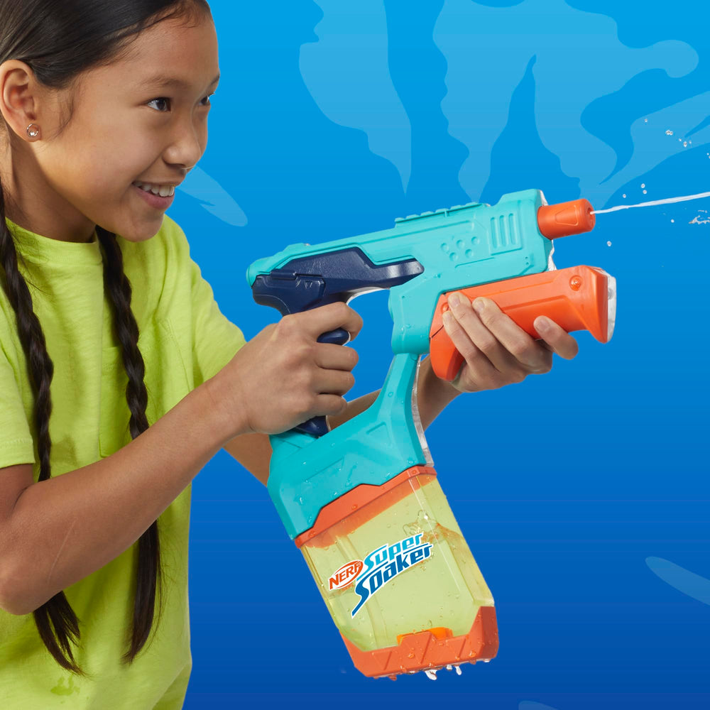 Backyard scene with two Nerf blasters on a sunny day.