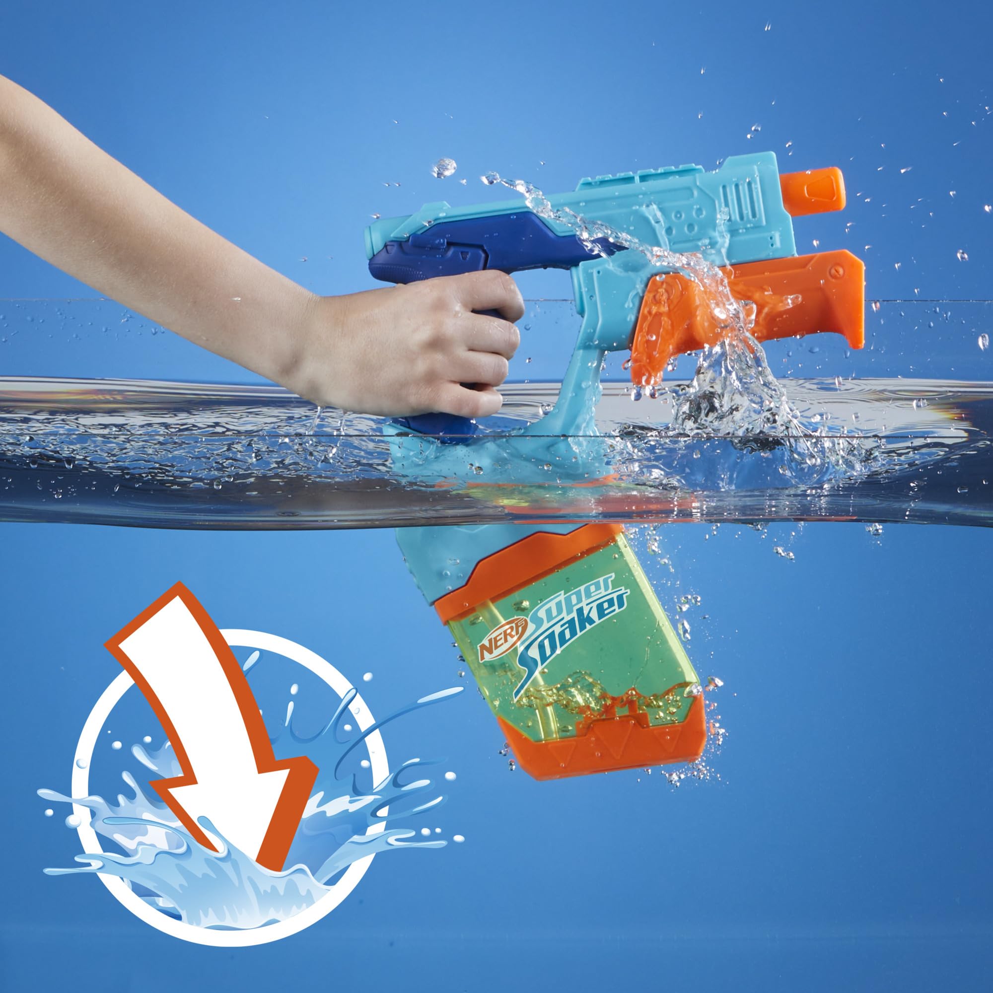 Nerf Dunk-Fill pump action handle powers a strong water blast.