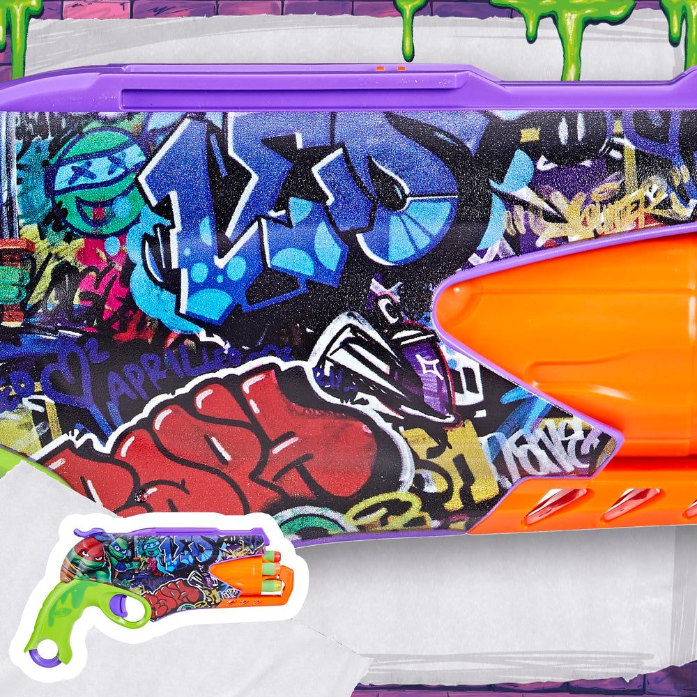 Nerf TMNT blaster rotating barrel demonstrates 5-dart capacity