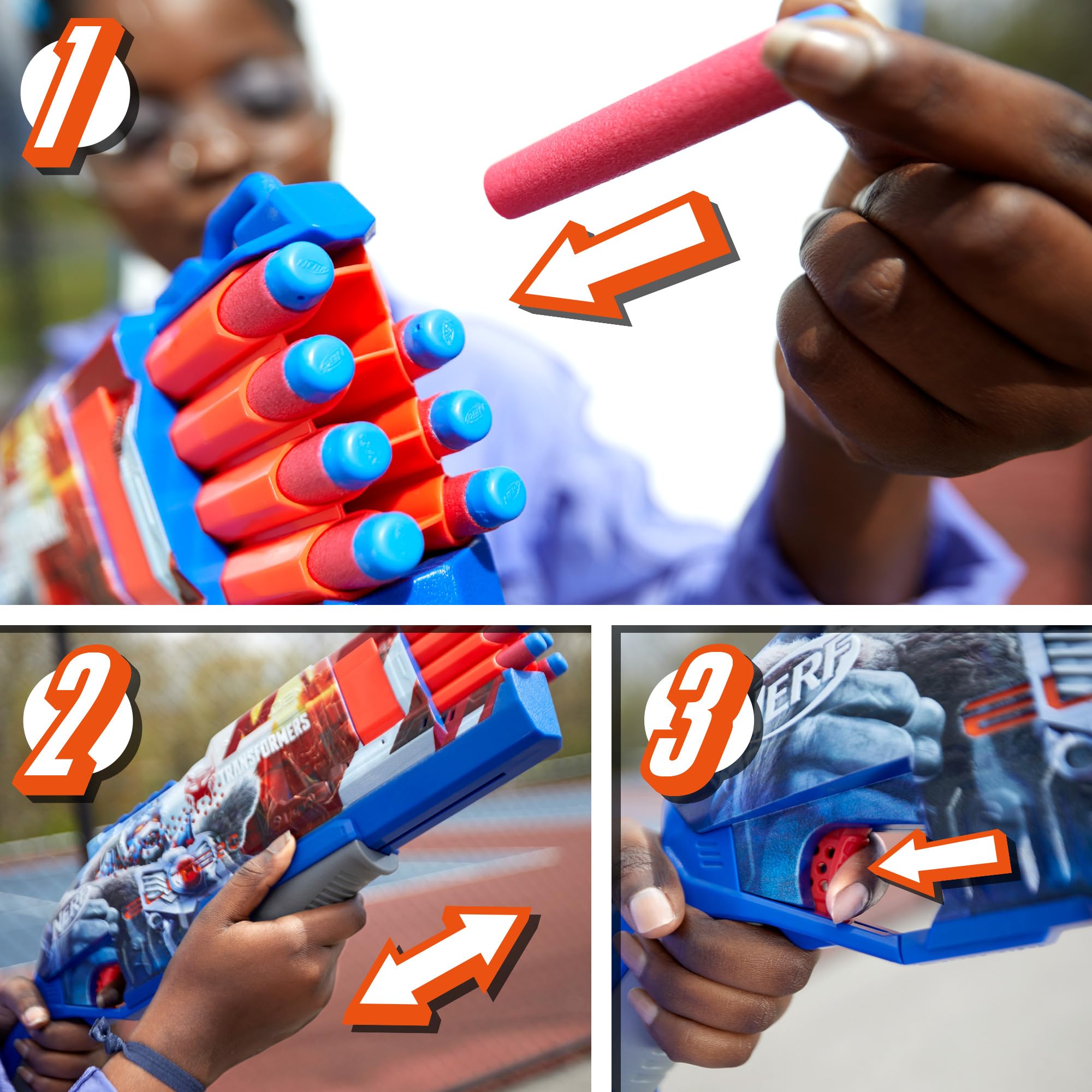 Nerf Transformers Optimus Primal blaster priming action demonstrated