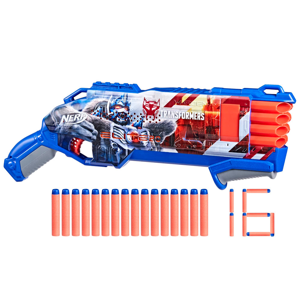 Nerf Transformers Optimus Primal blaster side view, bold artwork ideal for outdoor action