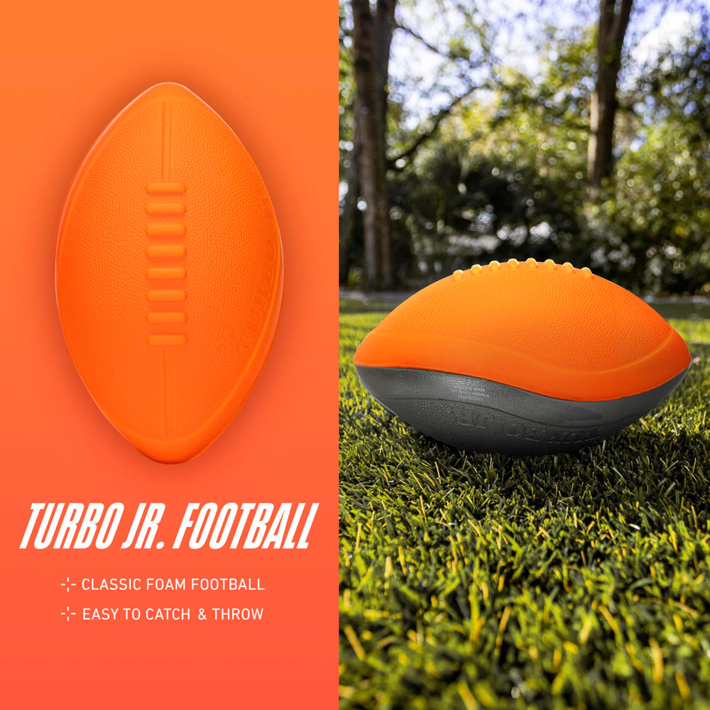 NERF Turbo Jr. mini football designed for small hands to grip and throw easily.