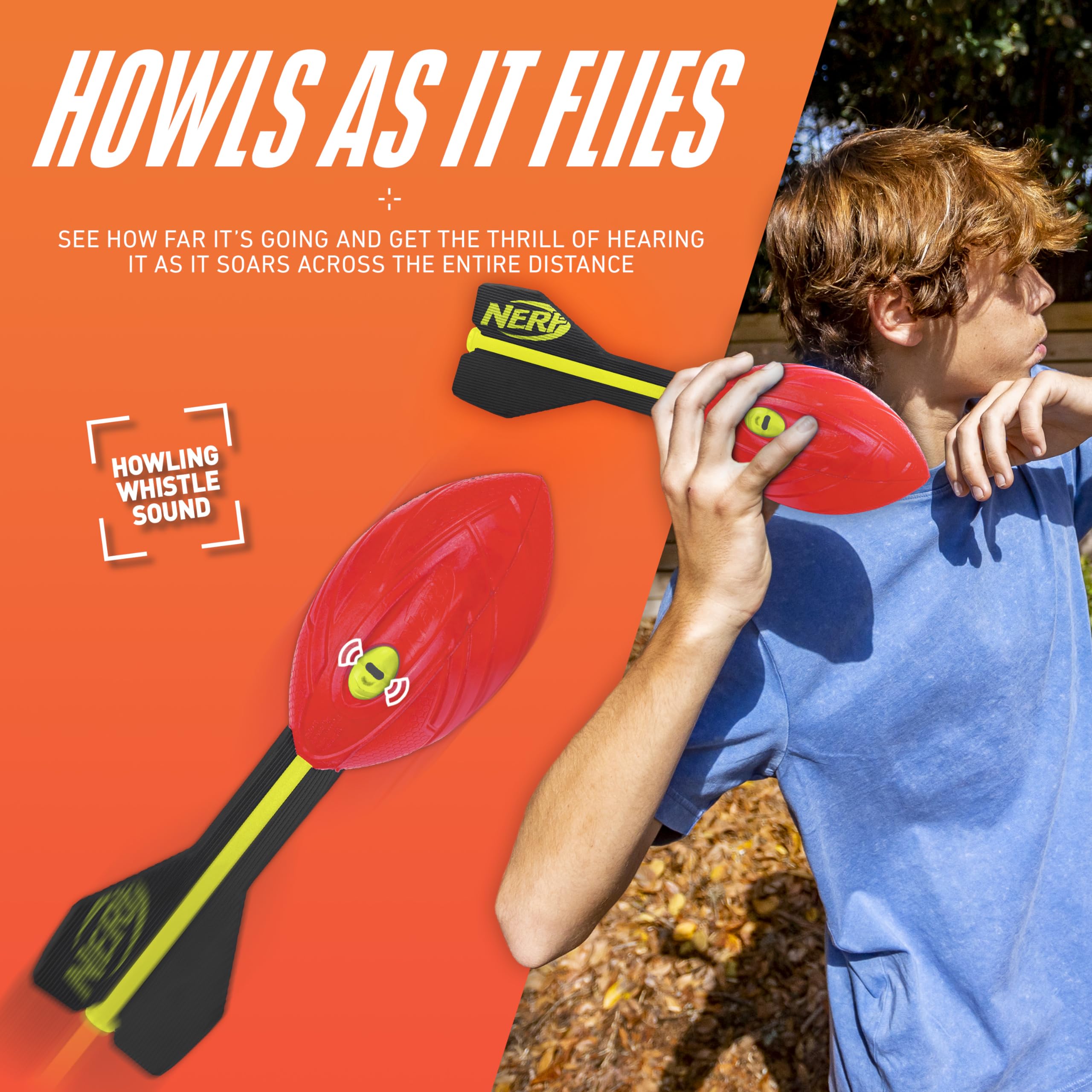 NERF Vortex Aero Howler ball with three-fin tail stabilizing spirals for accuracy