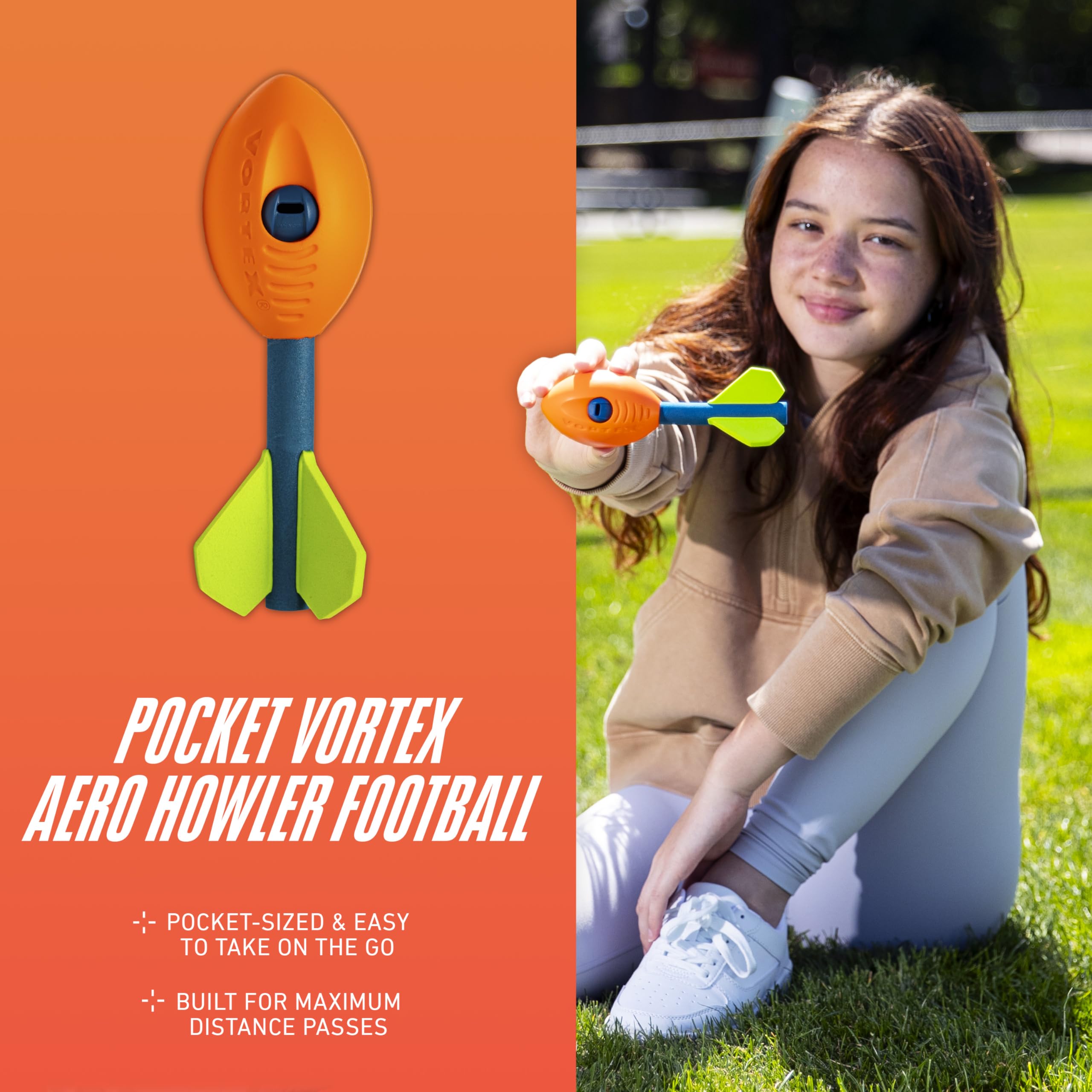 NERF Vortex Mini Aero Howler foam football in flight with three-finned tail for long-distance throws