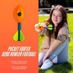 NERF Vortex Mini Aero Howler foam football in flight with three-finned tail for long-distance throws