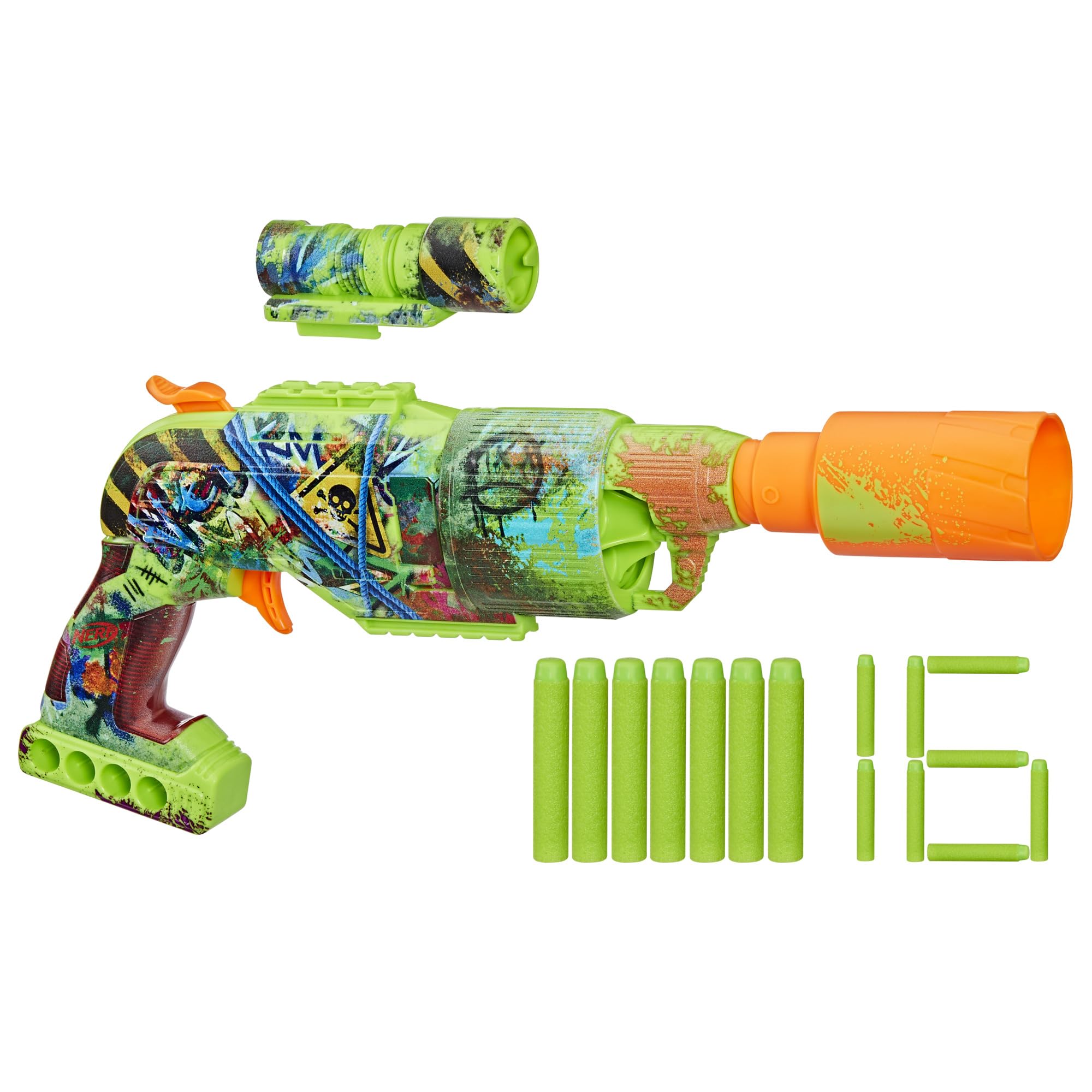 NERF Zombie Driller blaster front-view shows bold zombie graffiti styling for action-ready play