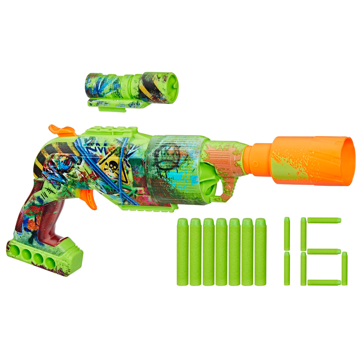 NERF Zombie Driller blaster front-view shows bold zombie graffiti styling for action-ready play