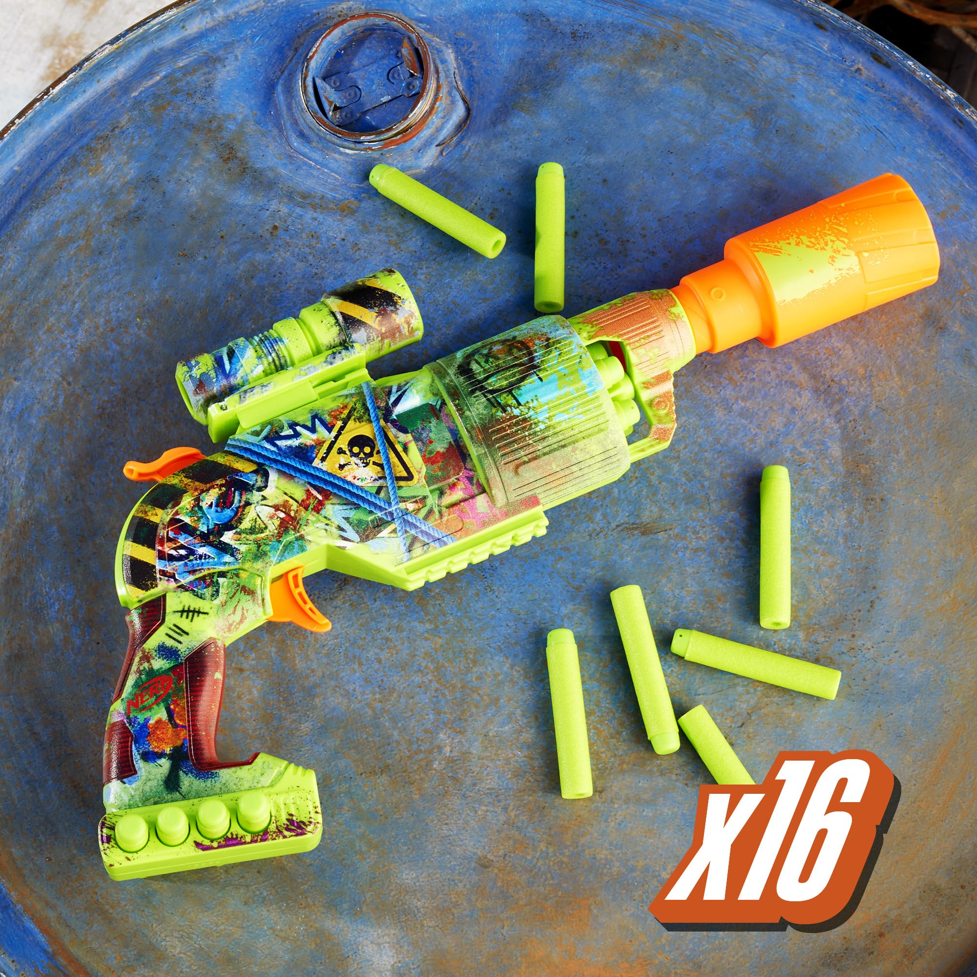 NERF Zombie Driller blaster top-view reveals rotating cylinder and compact grip