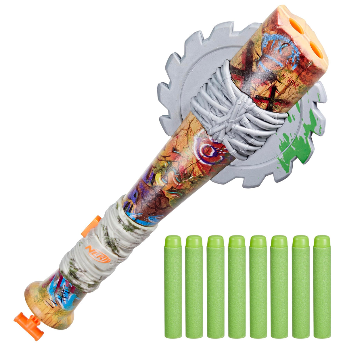 Nerf Zombie Strikeout blaster with pull-back priming for quick action.