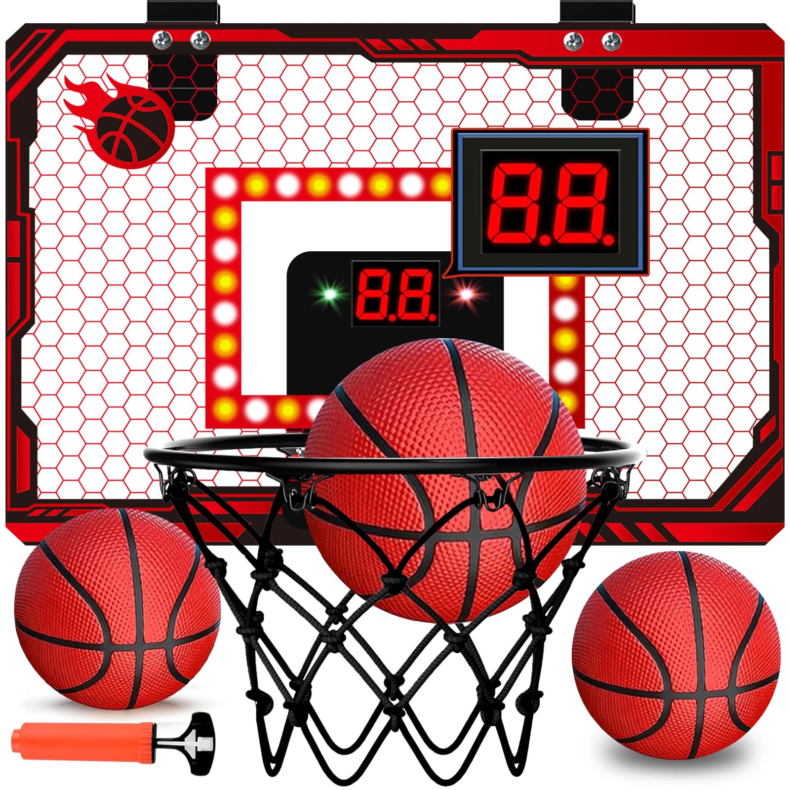 NESAPTO mini basketball hoop with LED scoreboard mounted on a door for quick play.