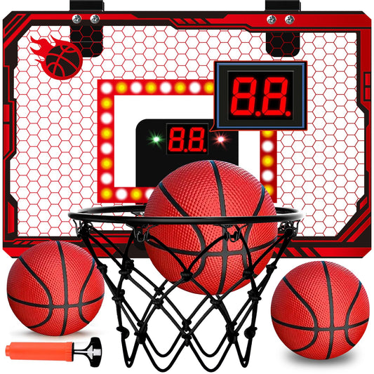 NESAPTO mini basketball hoop with LED scoreboard mounted on a door for quick play.