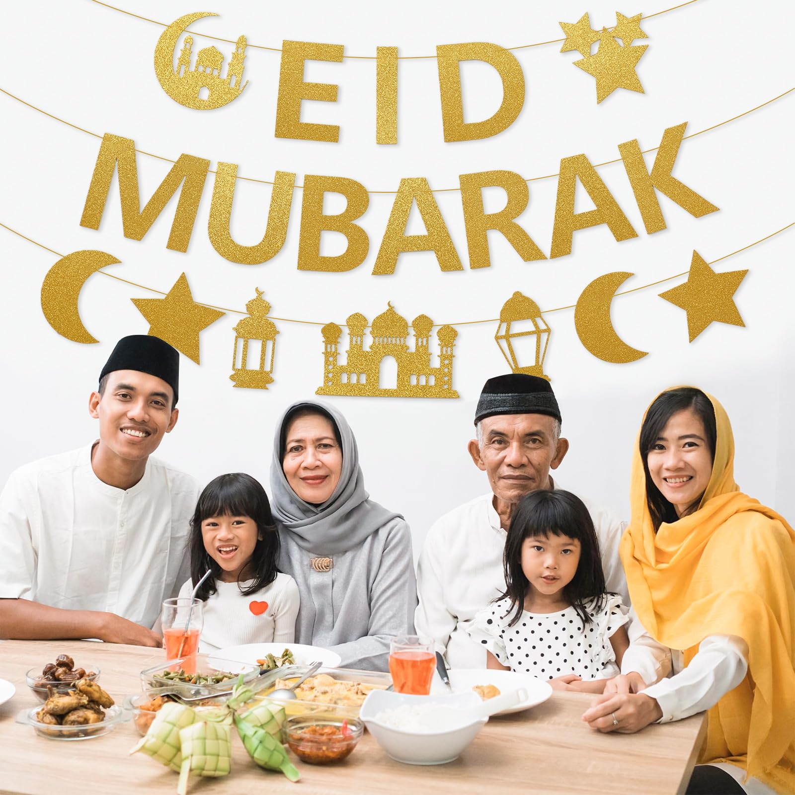 Bright gold glitter Eid Mubarak banner as a party backdrop feature