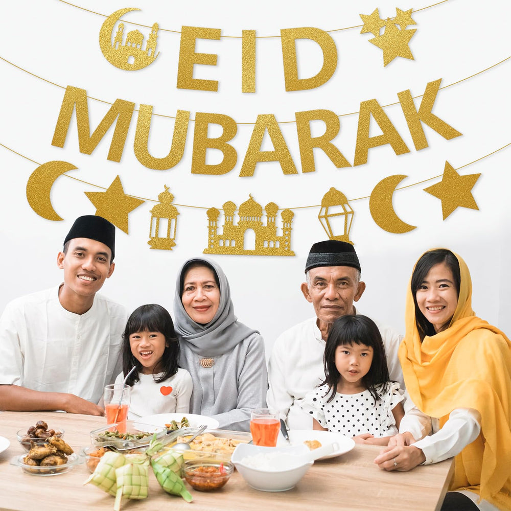 Bright gold glitter Eid Mubarak banner as a party backdrop feature