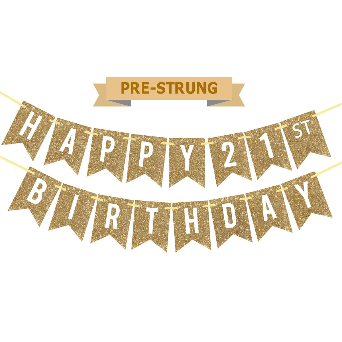 Netnology gold Happy 21st banner prestrung for effortless party decor.