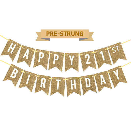 Netnology gold Happy 21st banner prestrung for effortless party decor.