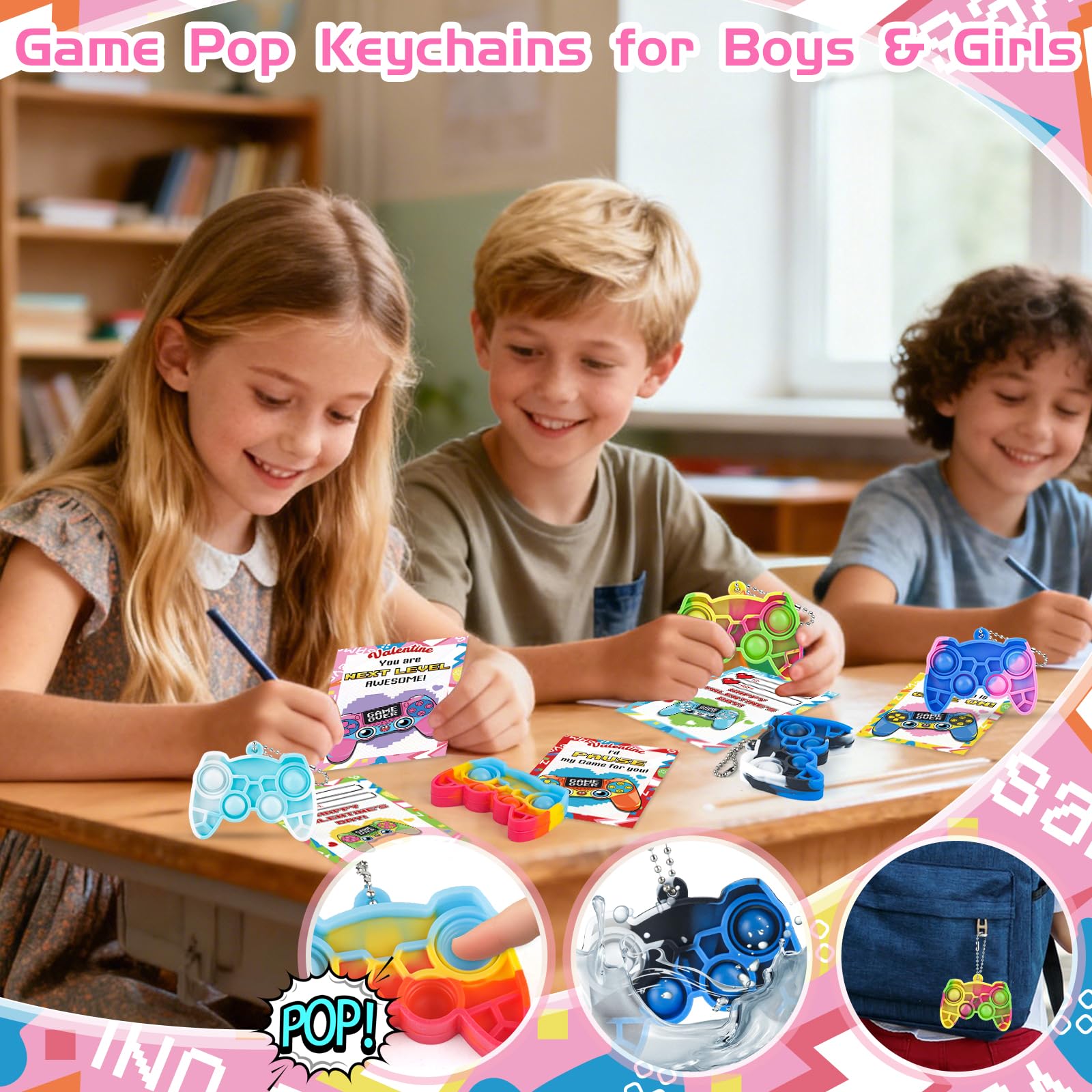 NEUBSAW valentines with game keychains for classroom exchanges and party favors.