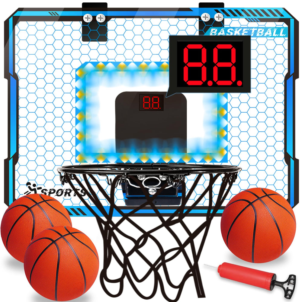 NEUBSAW basketball hoop with LED lights mounted on a door for daytime indoor play.