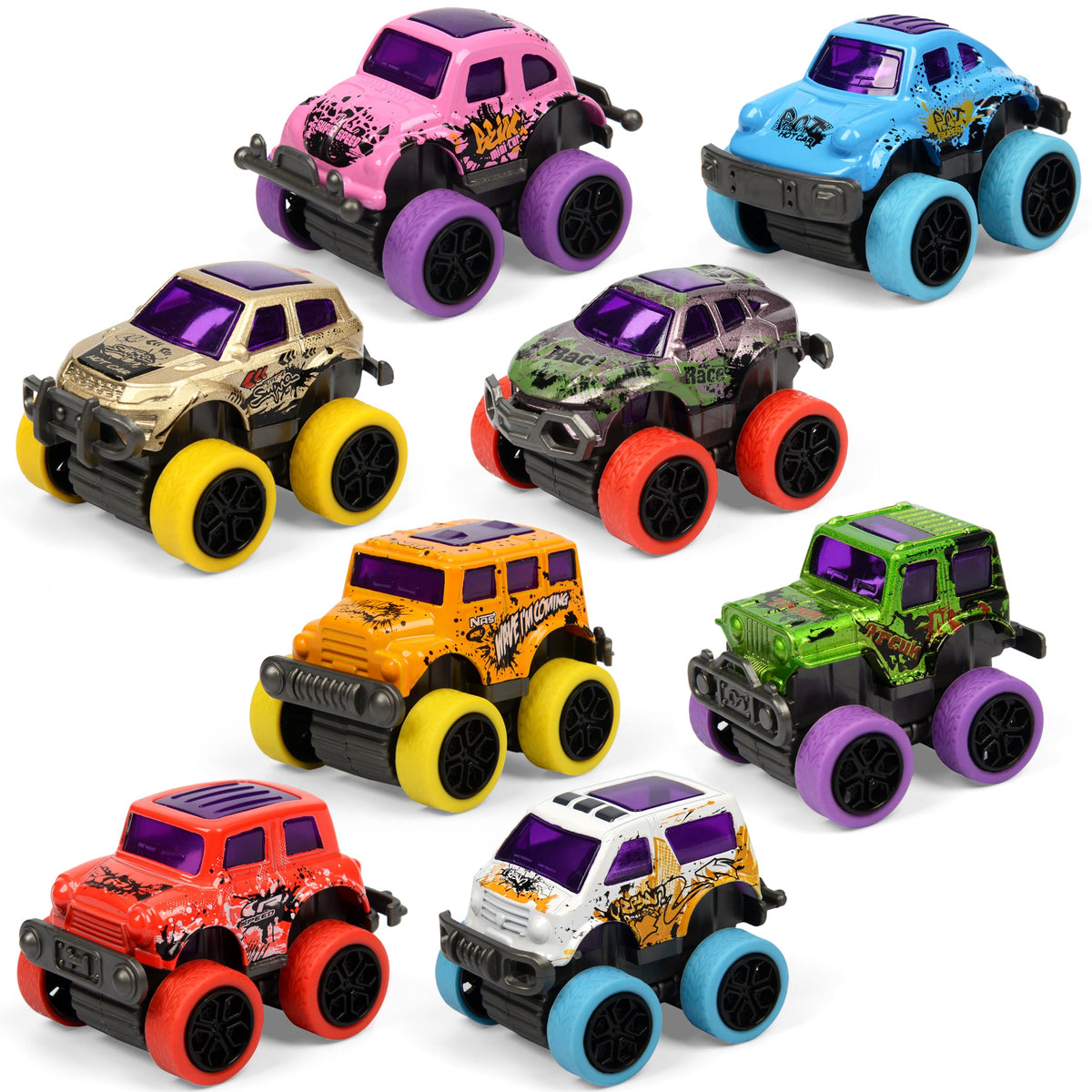 Neureyte 8-pack mini monster trucks with pull-back action for energetic play.