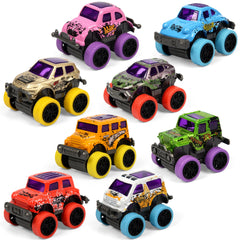 Neureyte 8-pack mini monster trucks with pull-back action for energetic play.