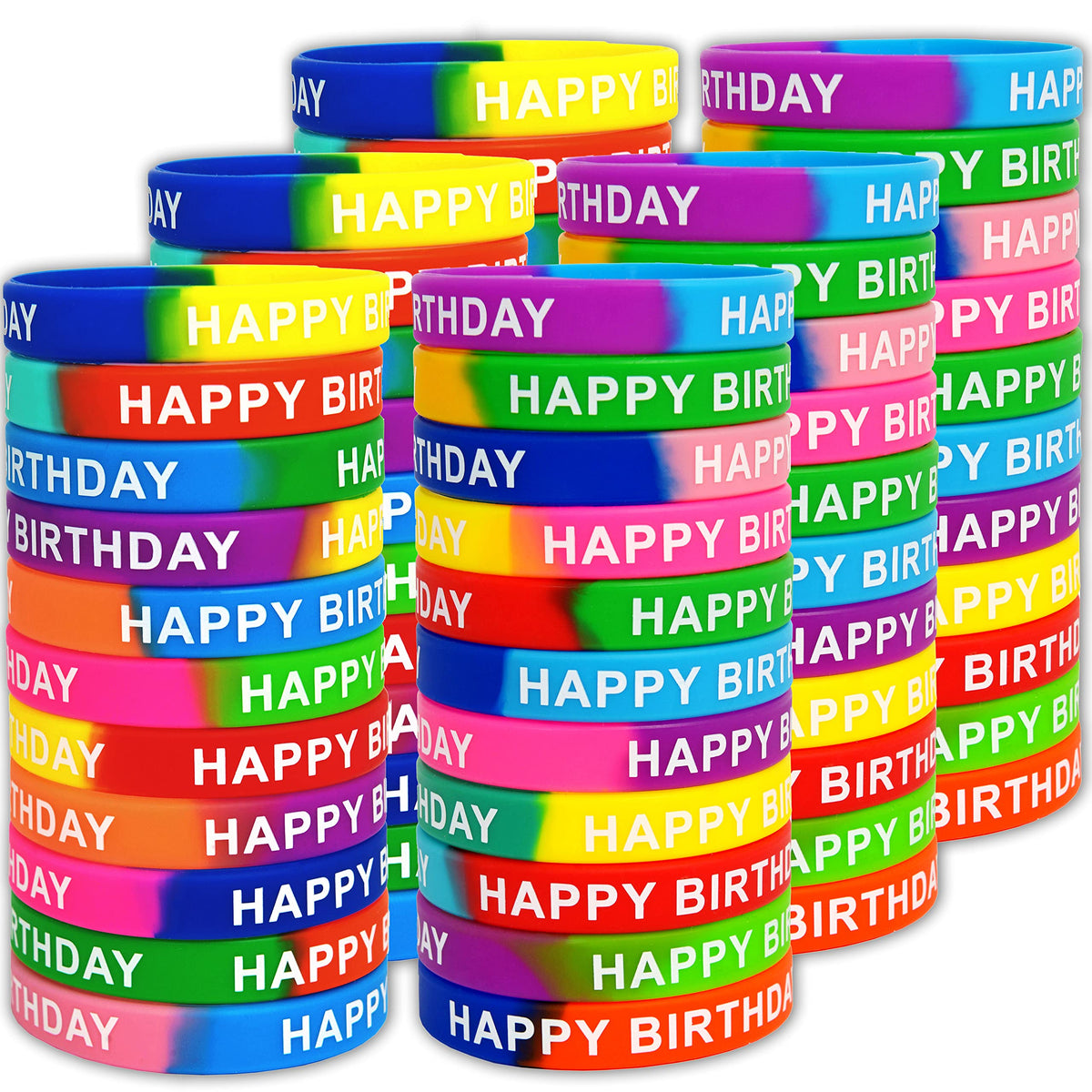 Neureyte 66-piece birthday bracelets set close-up, soft stretchable rubber for comfortable wear