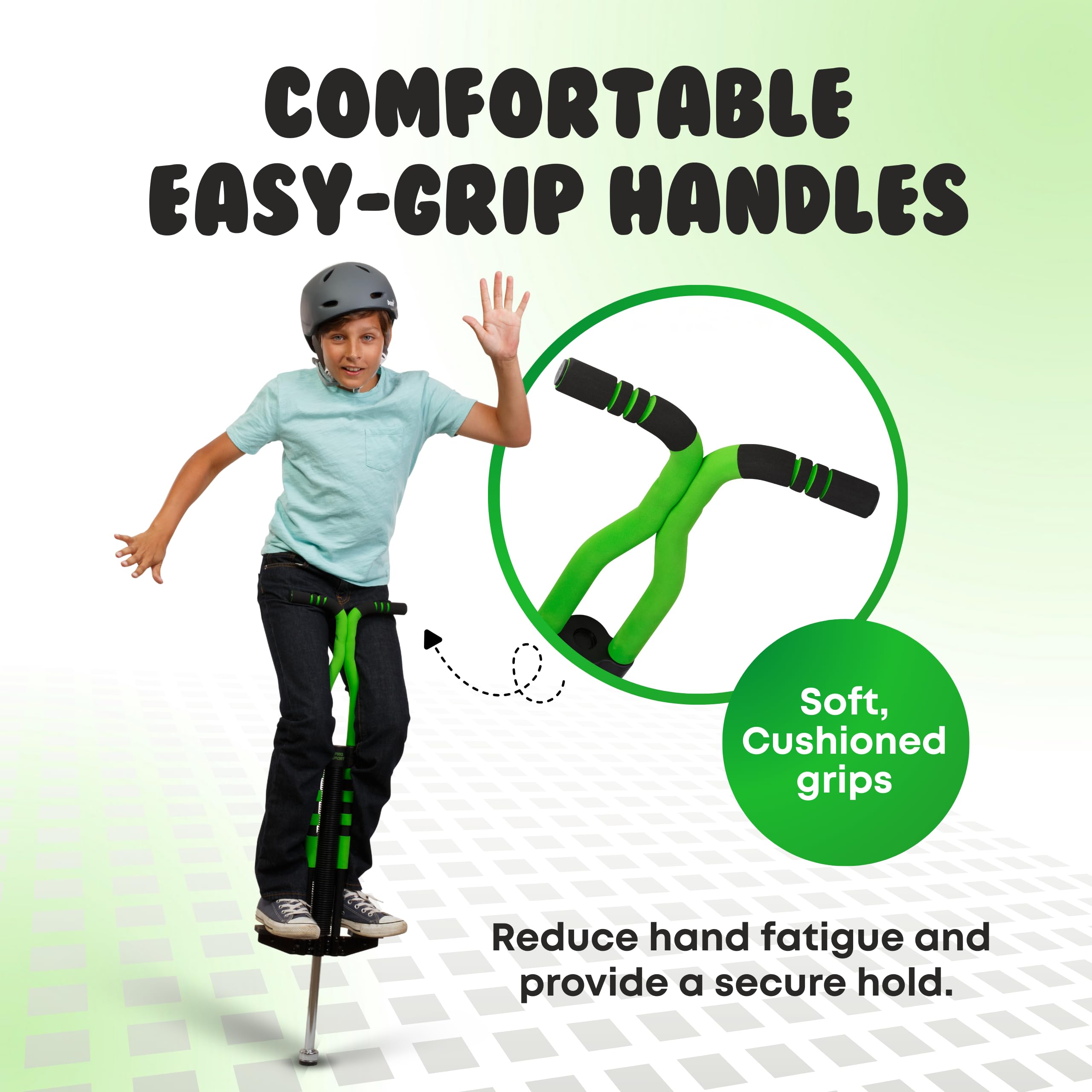 New Bounce Pogo Stick wide-stance design promotes easier bouncing and safer landings.