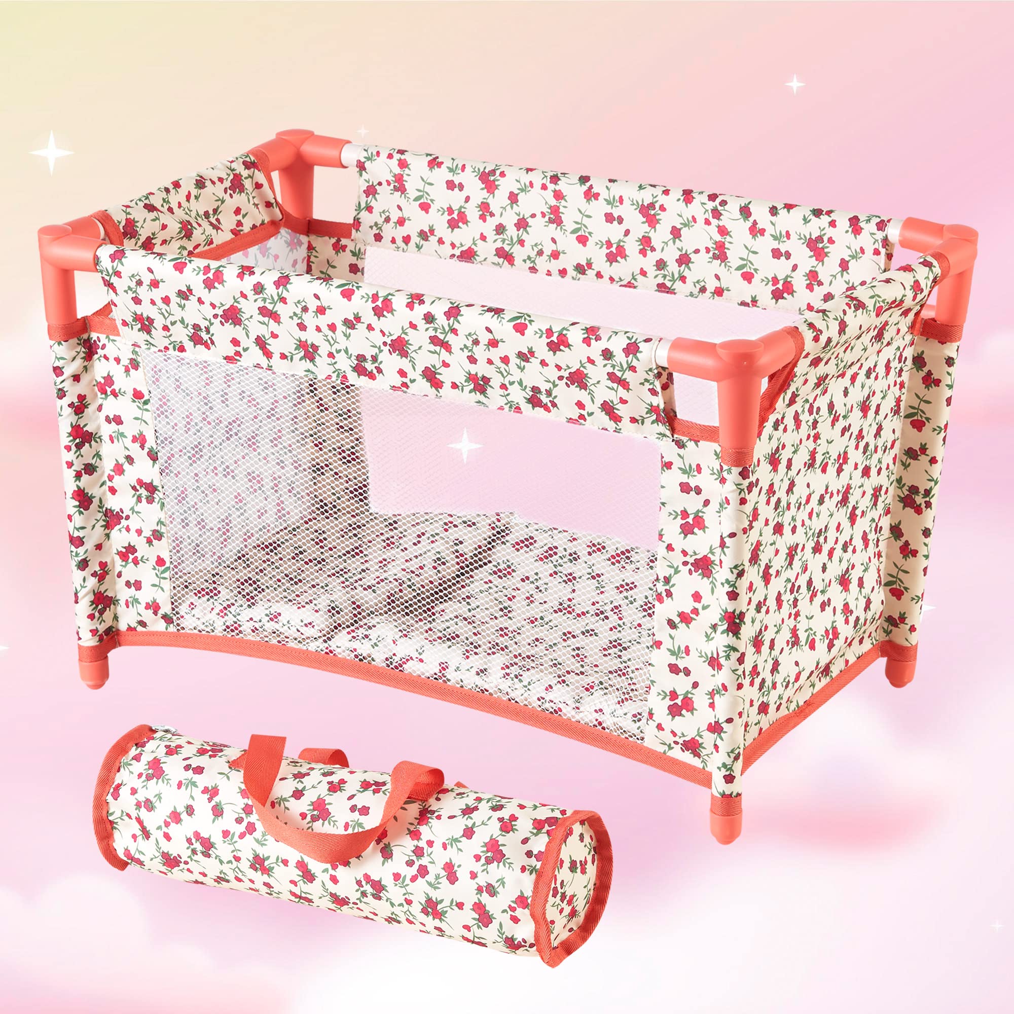 The New York Doll Collection coral floral print adds bright, playful style.