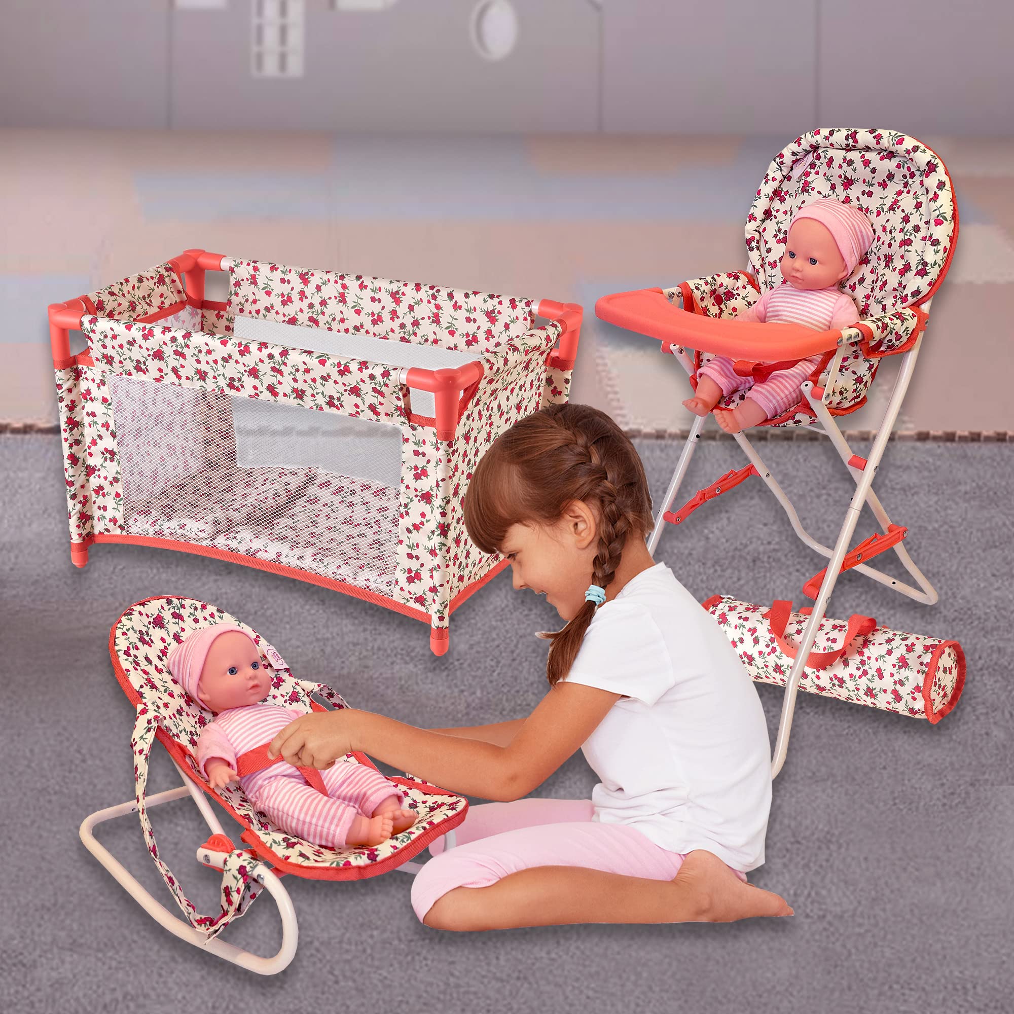 The New York Doll Collection doll bouncer seat in coral floral pattern.