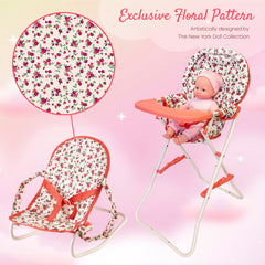 The New York Doll Collection doll high chair with coral floral design for 18-inch dolls.