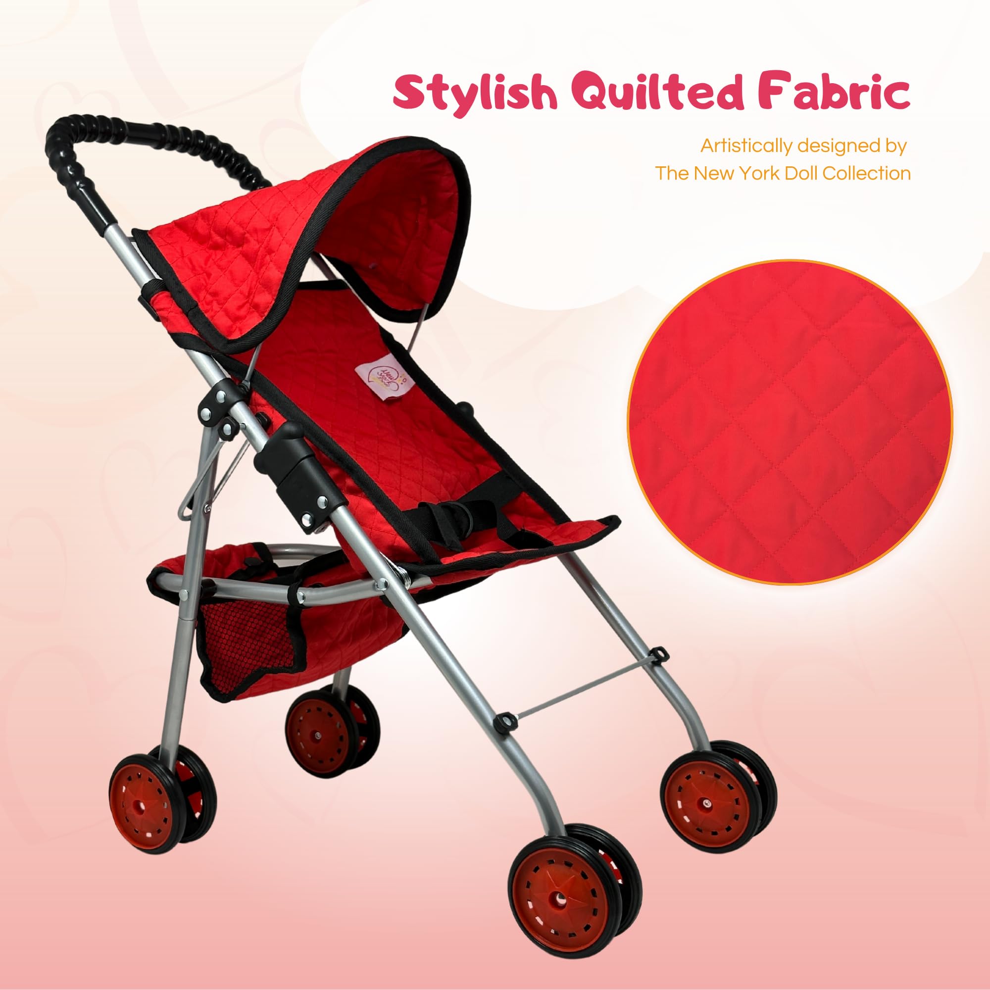The New York Doll Collection seat detail in red quilted fabric, cozy for dolls.