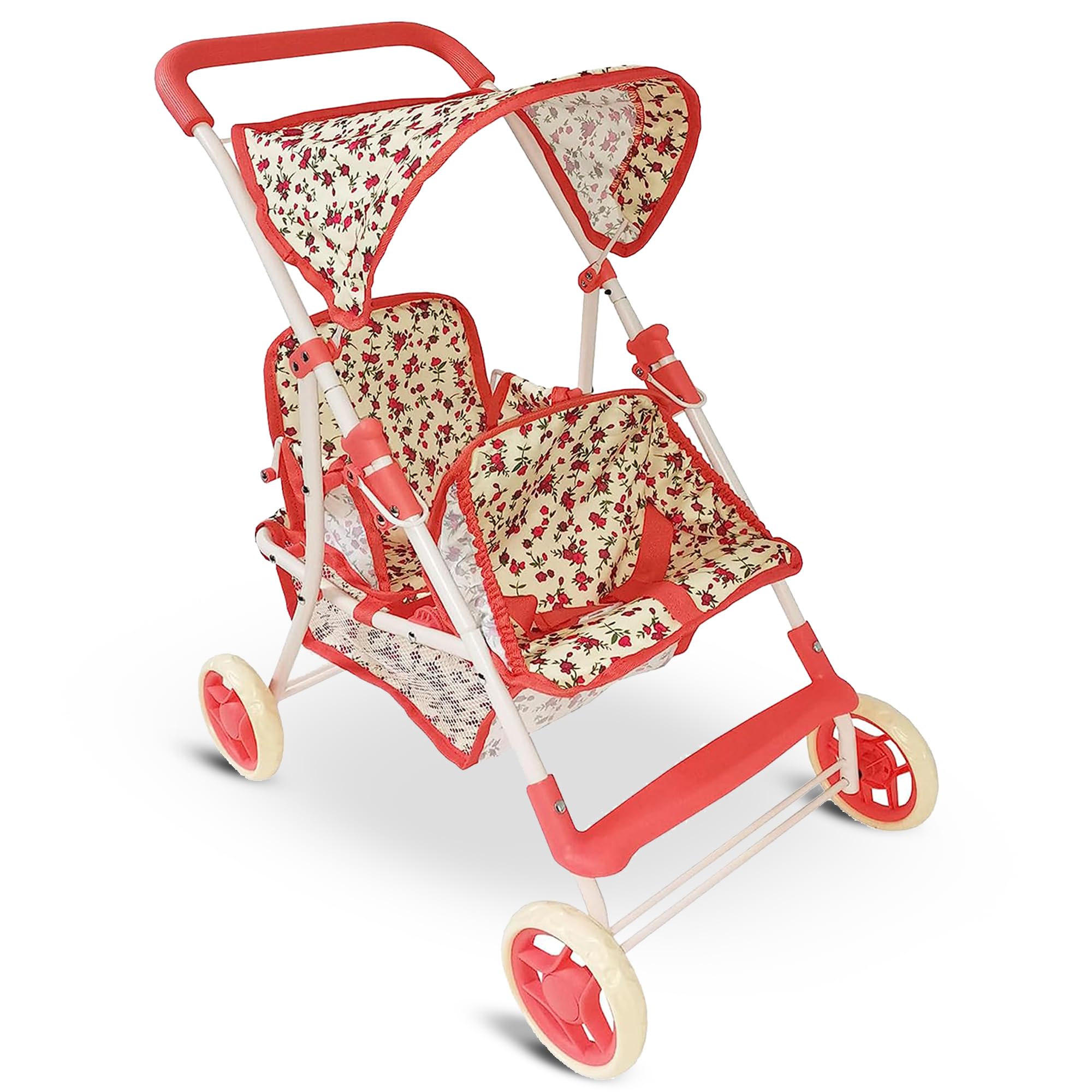 The New York Doll Collection double doll stroller with coral floral print for twins playtime.